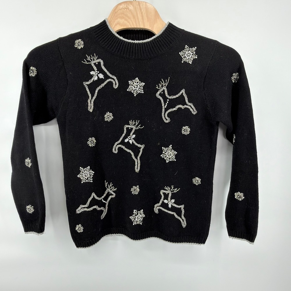 Victoria Jones Sweater Womens S Black Reindeer Snowflake Beaded Holiday Silver